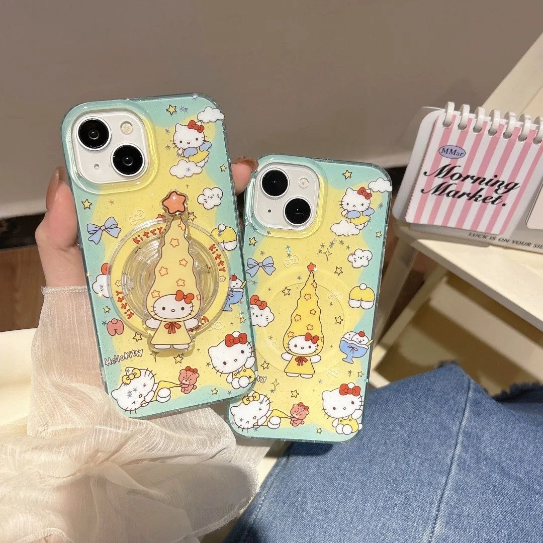 

sleep cat Funny Angel hat Hello Kitty Holder Magnetic Wireless Charging Case For iPhone 17 16E 16 15 14 Plus 13 Pro Max cover﻿