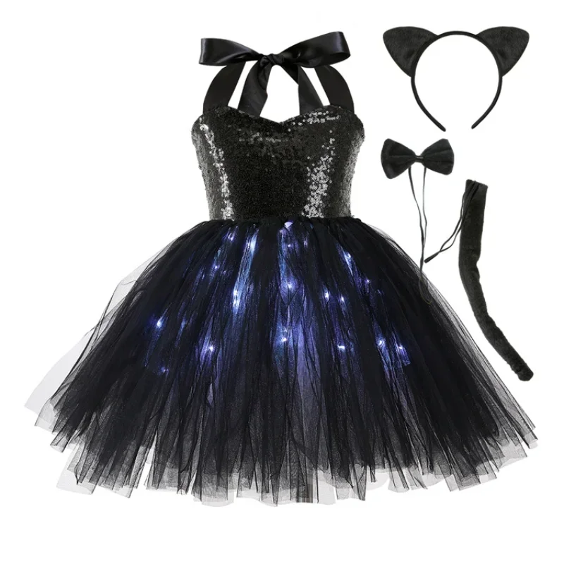 Halloween girl cat costume led light glowing dress