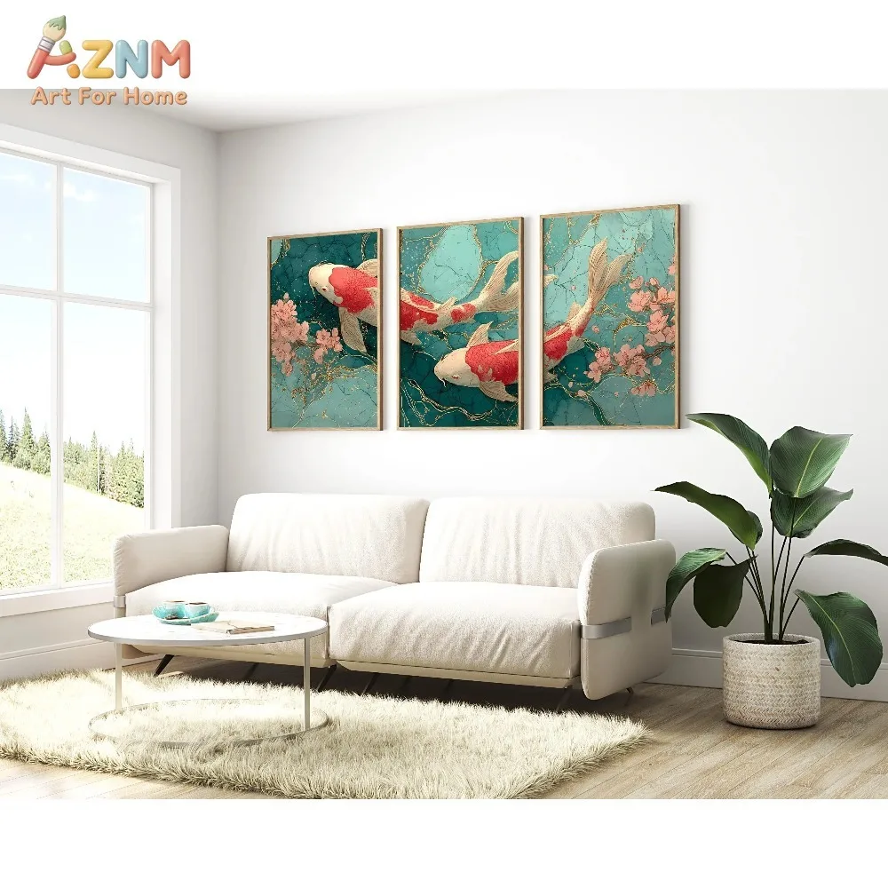 AZNM 3Pcs Koi Fish Cherry Blossom Canvas Wall Art, Green Marble Gold Line Print Frameless Canvas Painting, Oriental Feng Shui