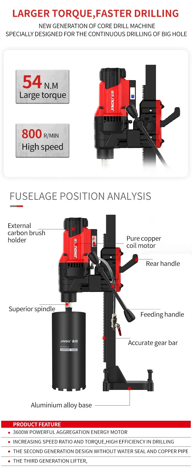 Jindu CF-9235 S3 new generation heavy duty 240MM 3600W  core drill machine