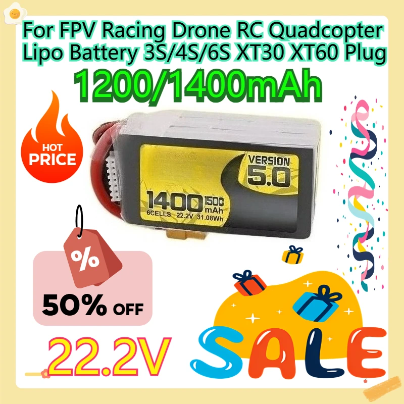 

For FPV Racing Drone RC Quadcopter Lipo Battery 3S/4S/6S XT30 XT60 Plug 1200/1400mAh
