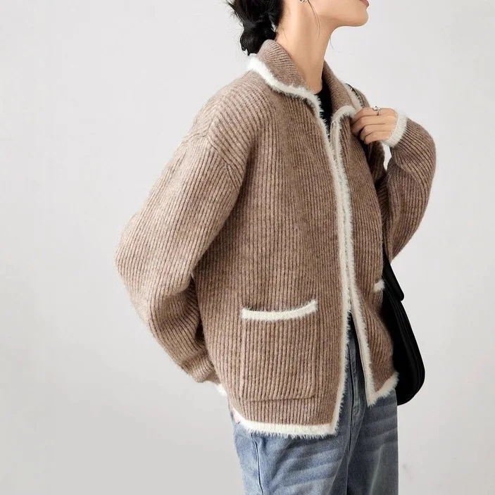 

2026 модный свитер из искусственного меха норки с цветными блоками, кардиган для женщин, осенне-зимний свободный повседневный вязаный кардиган, пальто