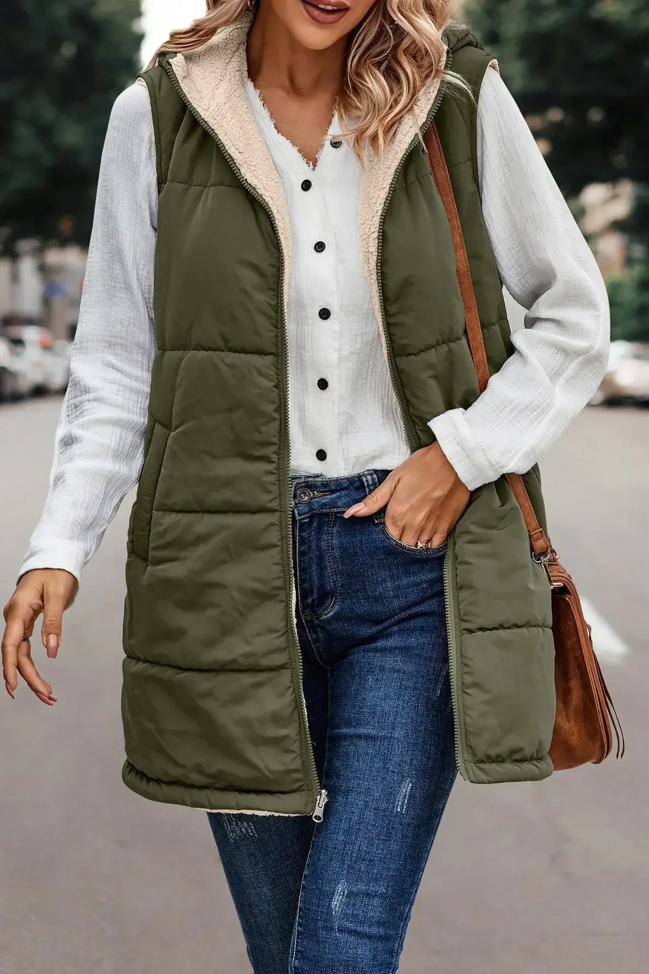 

European and American solid color hooded double-sided niche quilted jacket vest top women's large