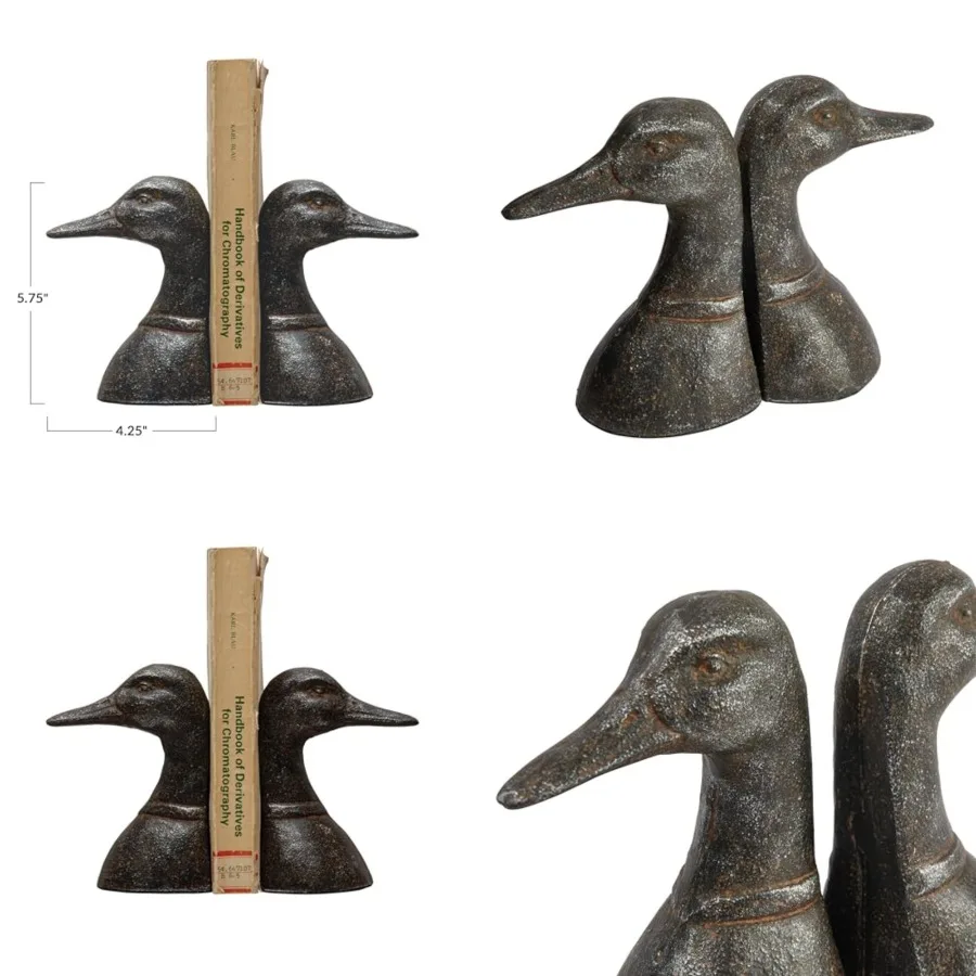 

Decorative Distressed Cast Metal Duck Head Bookends, Black, Set of 2