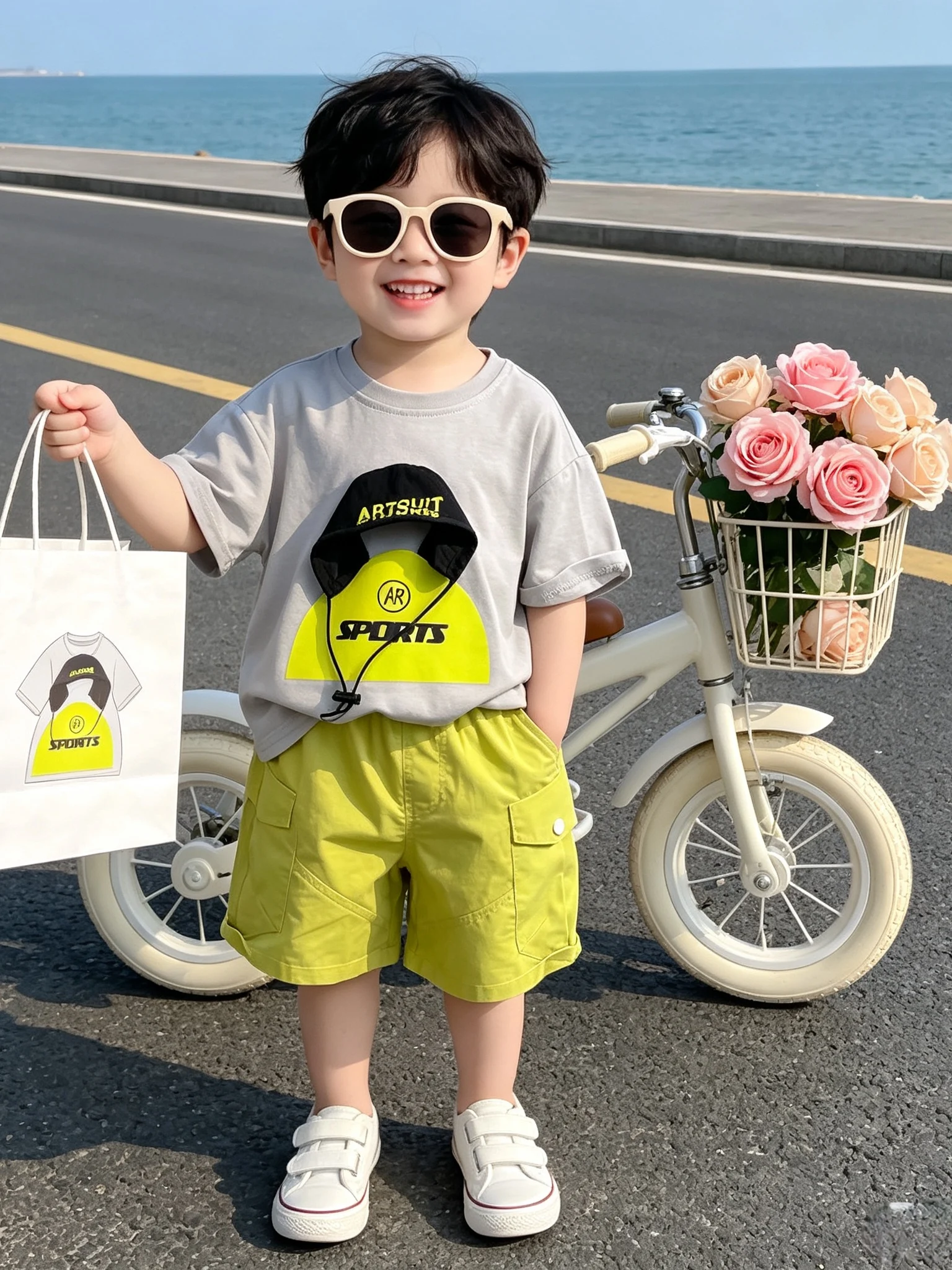 クールでトレンディなキッズサマーアウトフィット半袖tシャツとワークウェアショーツの2ピースセット、男の子用、通気性があり快適な服
