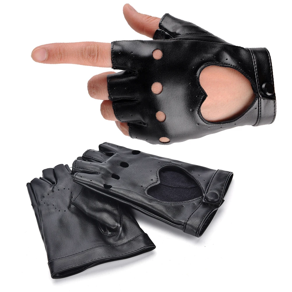 【B】1Pair Women Punk Leather Driving Biker Fingerless Mittens Dance Motorcycle Gloves