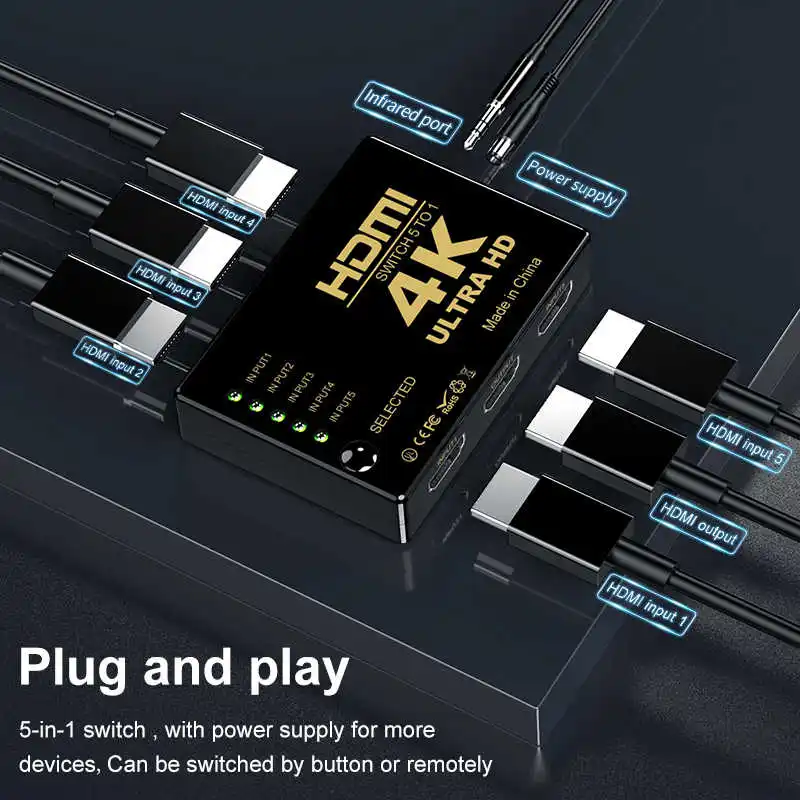4K 2K 1x5 rozdzielacz HDMI 5 wejście 1 wyjście rozdzielacz rozdzielacz przełącznik HDMI wideo dla PS3/4/5 Xbox TV PC projektor ekran do laptopa