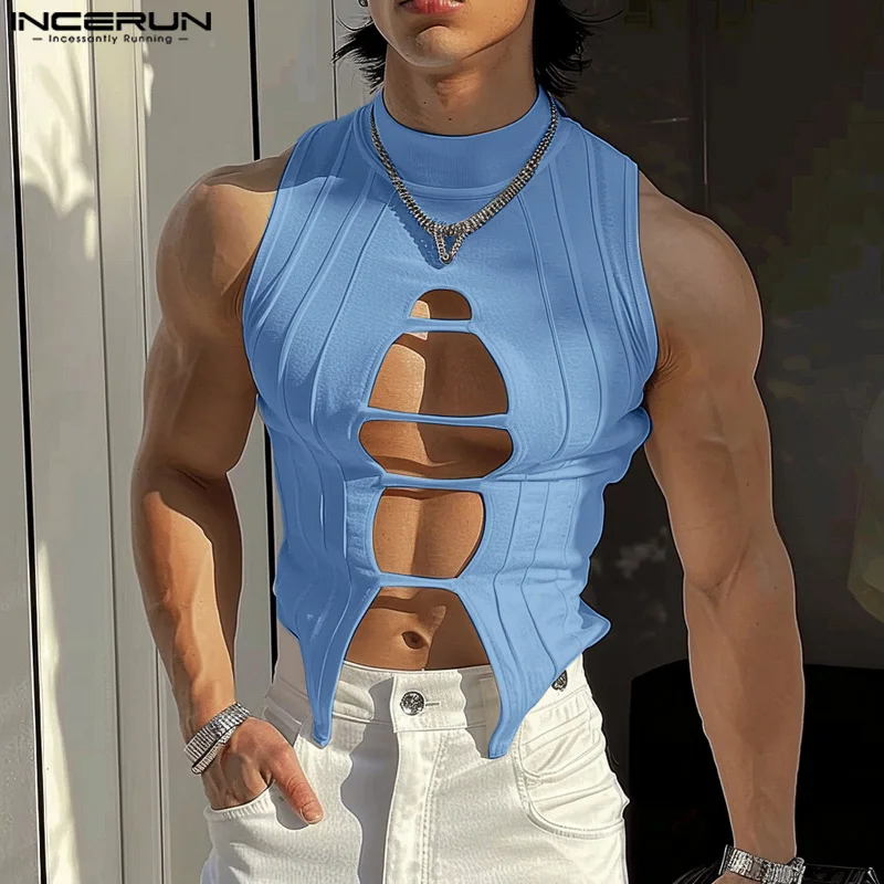 INCERUN Tops 2024 American Style Men's Hollow Semi High Neck Knitted Vests Fashion Sexy Male Hot Sale Sleeveless Tank Tops S-5XL image 2