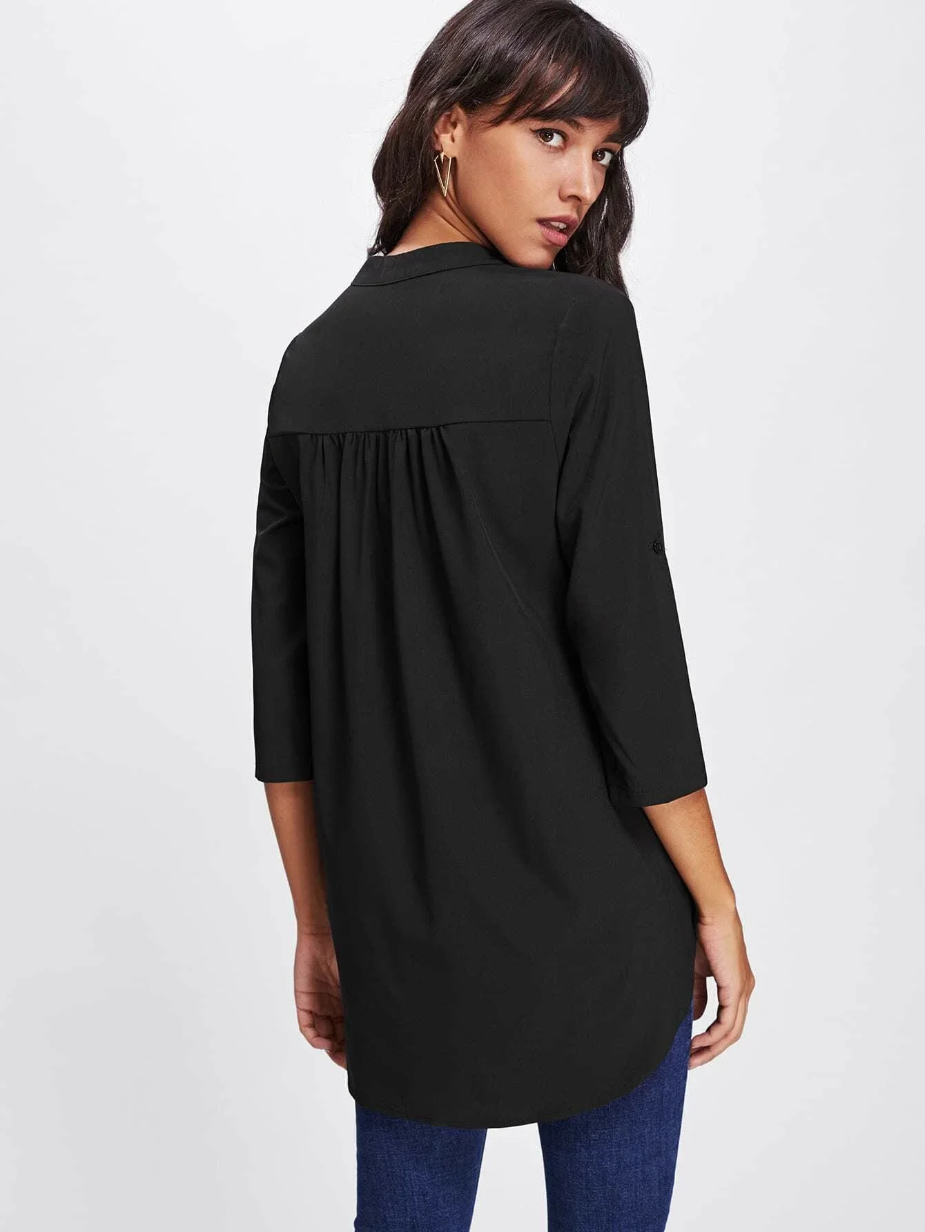 

Roll Tab Sleeve Curved Hem Longline Top
