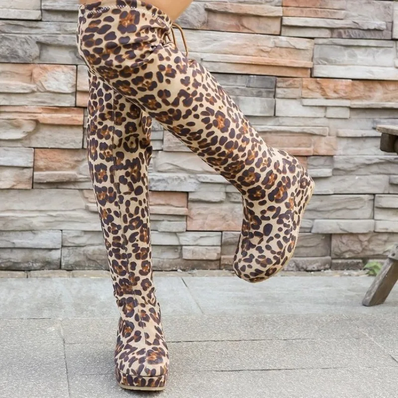 

Sexy Leopard Grain Over The Knee Boots Women Fashion Round Toe Cross Lace-up Square High Heels Platform Shoes Booties Plus Size
