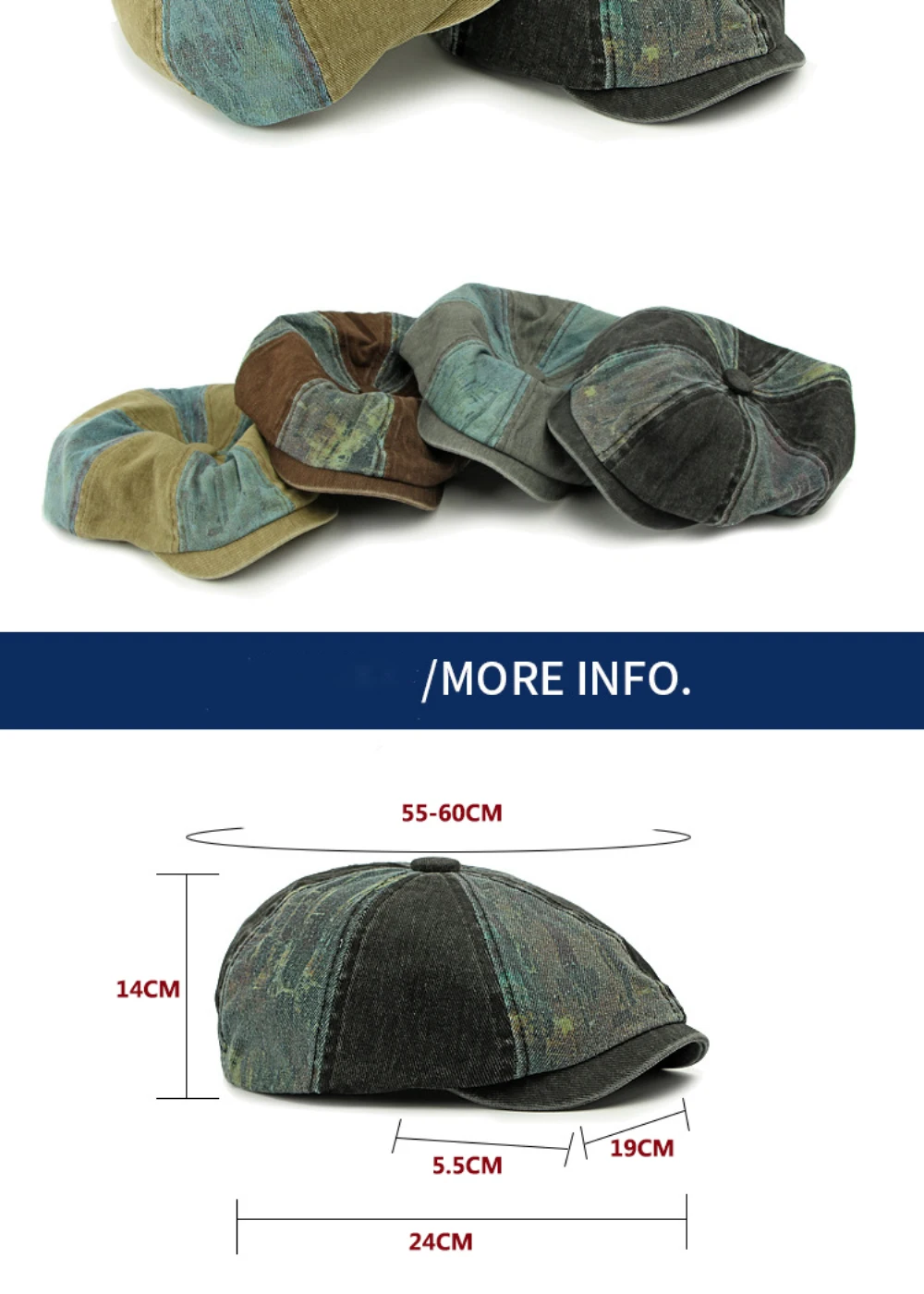 HT4789 Herren- und Damen-Baskenmützen, Neue Gewaschene Baumwoll-Flatcap, Unisex Achteckige Baskenmütze für Frühling, Sommer und Herbst, Patchwork-Baskenmütze – Detail 3