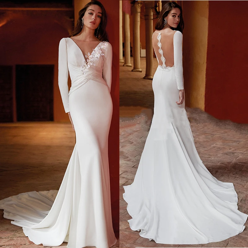 Elegant Elegant Long Sleeves Wedding Dresses 2023 Women Charming Satin V-Neck Simple Mermaid Bridal Gowns 3D Flower Sweep Train