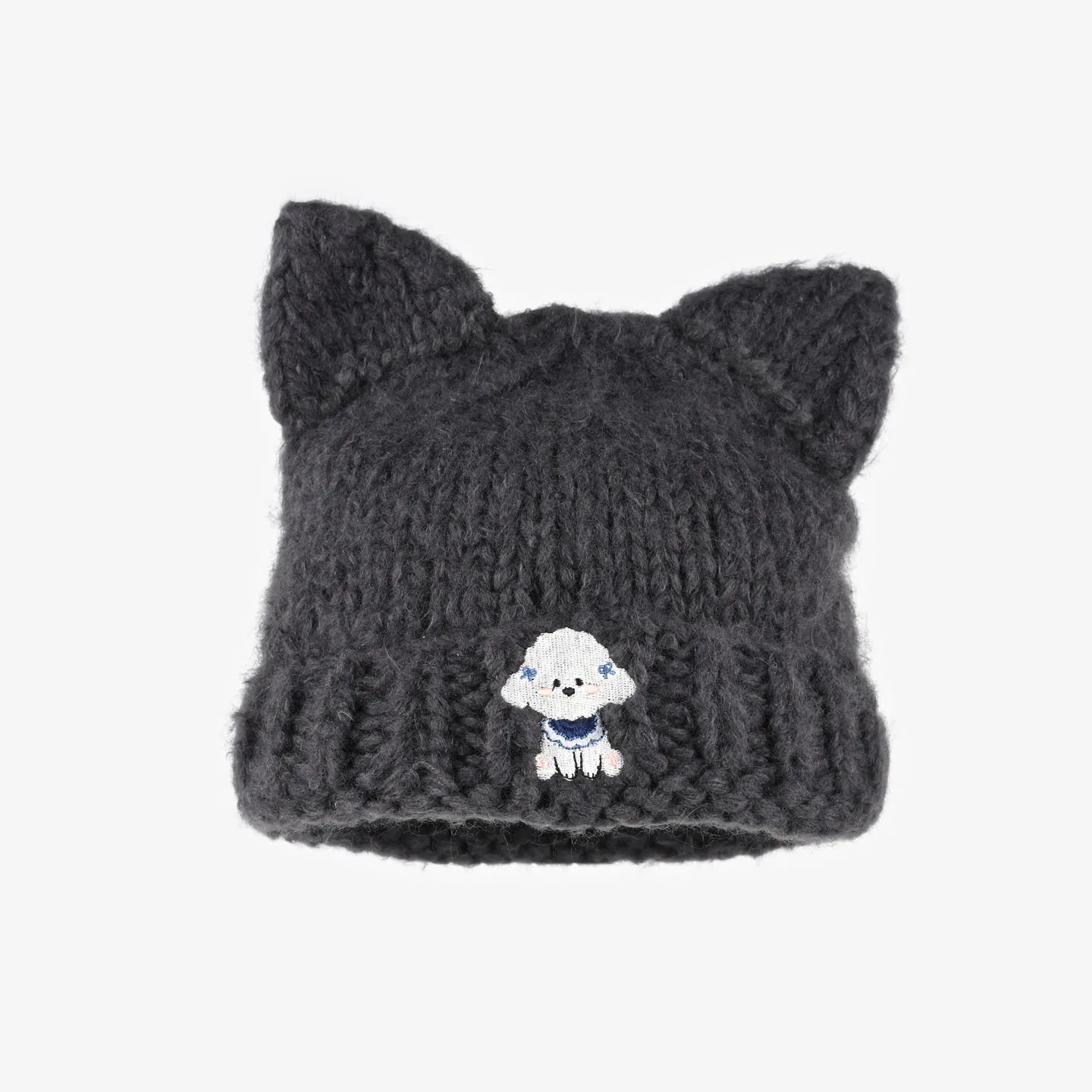 Animal Ears Knit Hat Adorable Puppy Embroidery Crochet Winter Warm Cap for Women Girls Daily Casual Use