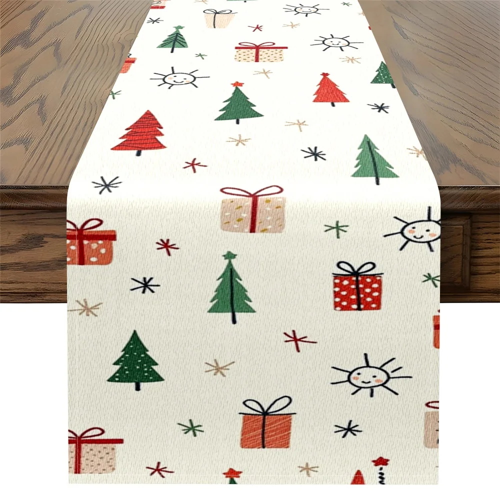 Elegant Christmas Table Runner  Holiday Patterns -  Snowflakes, Trees, Gifts & Hearts -Winter Dining Decor for Xmas Dinner