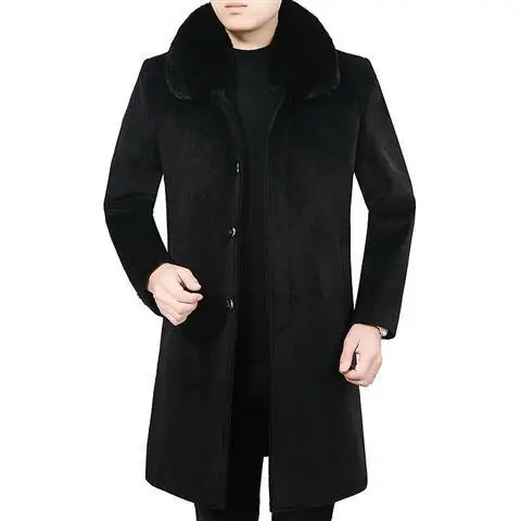 2024 Middle Aged Winter Men's Woolen Coat  Mid Length Plush Thick Solid color Large size Slim Fit Dad's Men Clothing A197