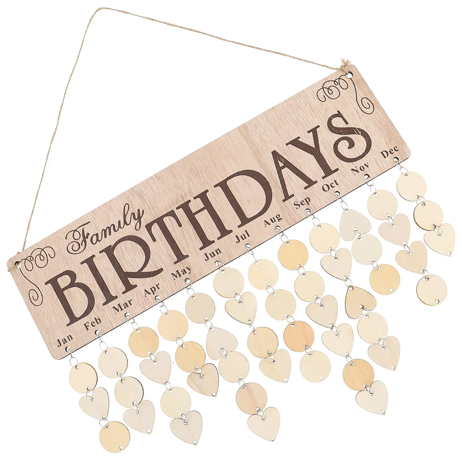 1Set Wooden Birthday Celebration Planner Board Creative Hanging Calendar Reminder Brown Plaque with 50 Round 50 Heart Pendants