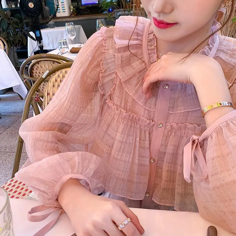 Shirts Women Spring Sweet Fashion Ruffles All-match Design Lace-up Tender Elegant Trendy Leisure Korean Style Ladies Puff Sleeve