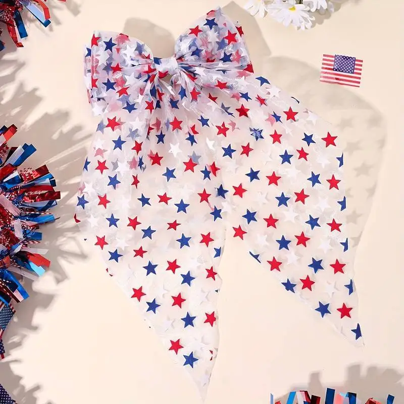 1pc USA Independence Day Bow Hair Clip Large Mesh Star Pattern Spring Claw for Women Patriotic Party Costume Decor
