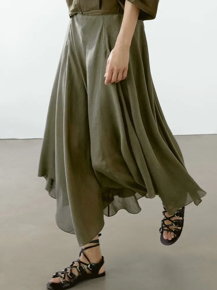 

2025 New Spring Autumn Women's Vintage Luxury Long Army Green Linen Skirts Female Elegant High Waist A-line Pleated Midi Skirt