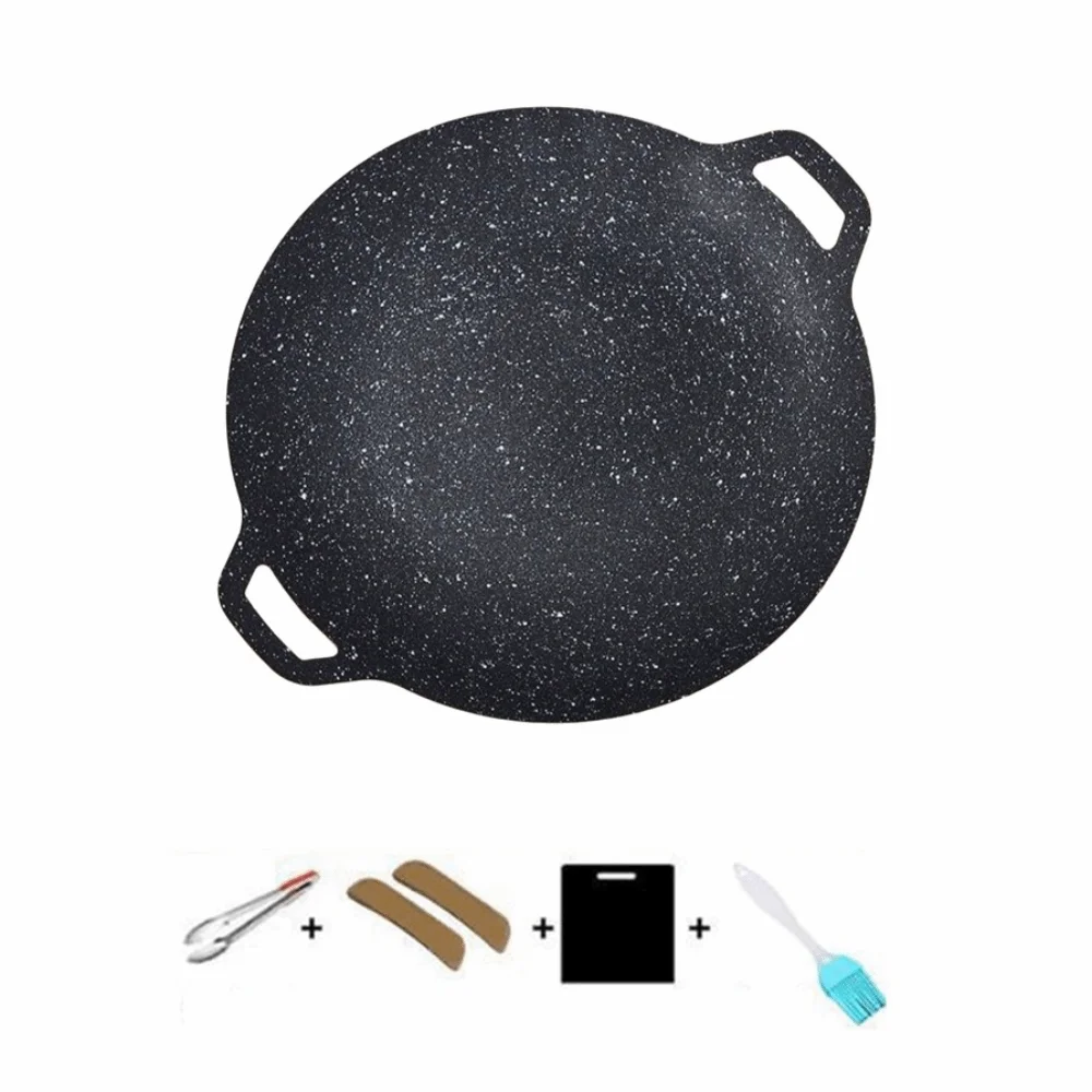 30/32/34/36/38cm Korean BBQ Grill Pan Round Shape Heat-resistant Holder Smokeless Griddle Pan Wooden Handle Teppanyaki Pan