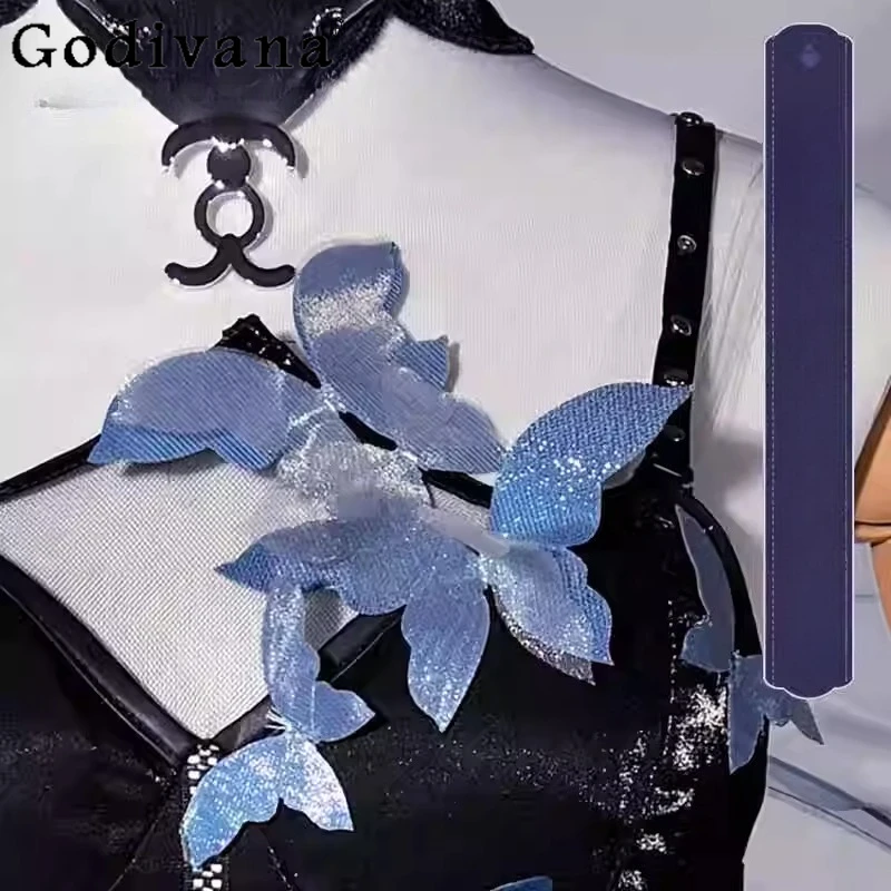 여성 할로윈 Cos 의류 드레스 세트 게임 애니메이션 블루 블랙 코스프레 정장 여성 나비 날개 소품 드레스 의상