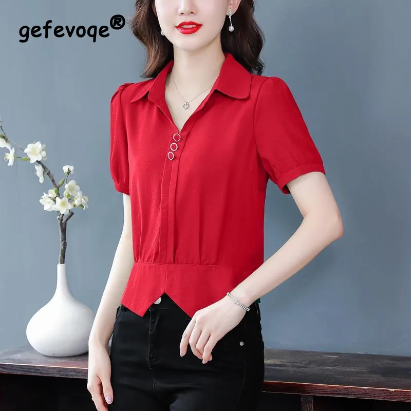 2023 New Solid Color Women\'s Clothing Summer POLO Collar Pleated Draw Back Tops Women Elegant Fashion Casual Chiffon Shirt