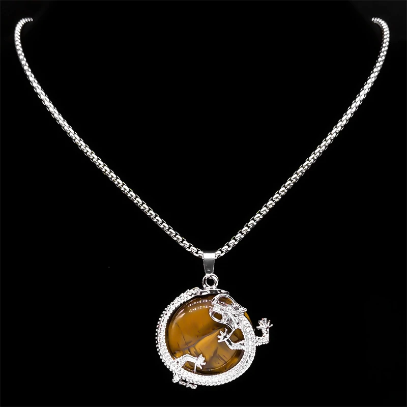 Vintage Round Natural Tiger Eye Stone Surround Dragon Necklace Men Women Stainless Steel Chain Jewelry collar hombre NZZZ363-1