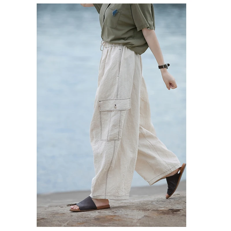 고품질 리넨 여성 9 점 바지 봄과 가을 스트레이트 바지 야외 관광 하이킹 조깅 캐주얼 바지 루즈