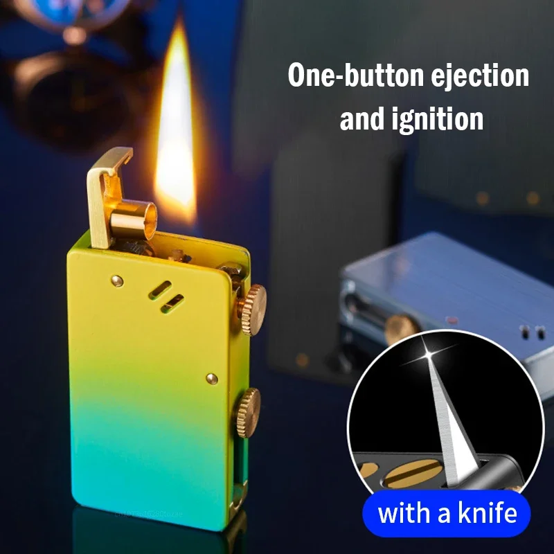 Windproof Ejection Kerosene Lighter Automatic Ignition Creative Retro Grinding Wheel Mechanical Metal Lighter Men\'s Gadgets