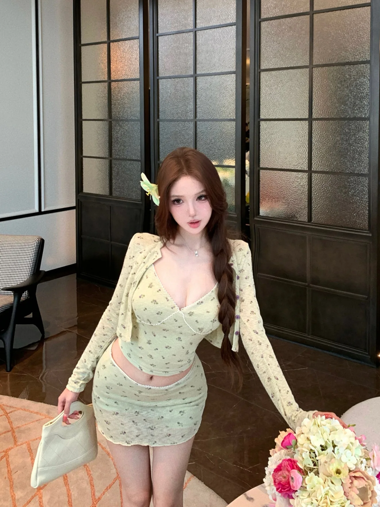 

Green Floral Print Long Sleeve Short Length Sun Protection Open Cardigan with Tank Top Women Summer Set Bodycon Skirt Th...