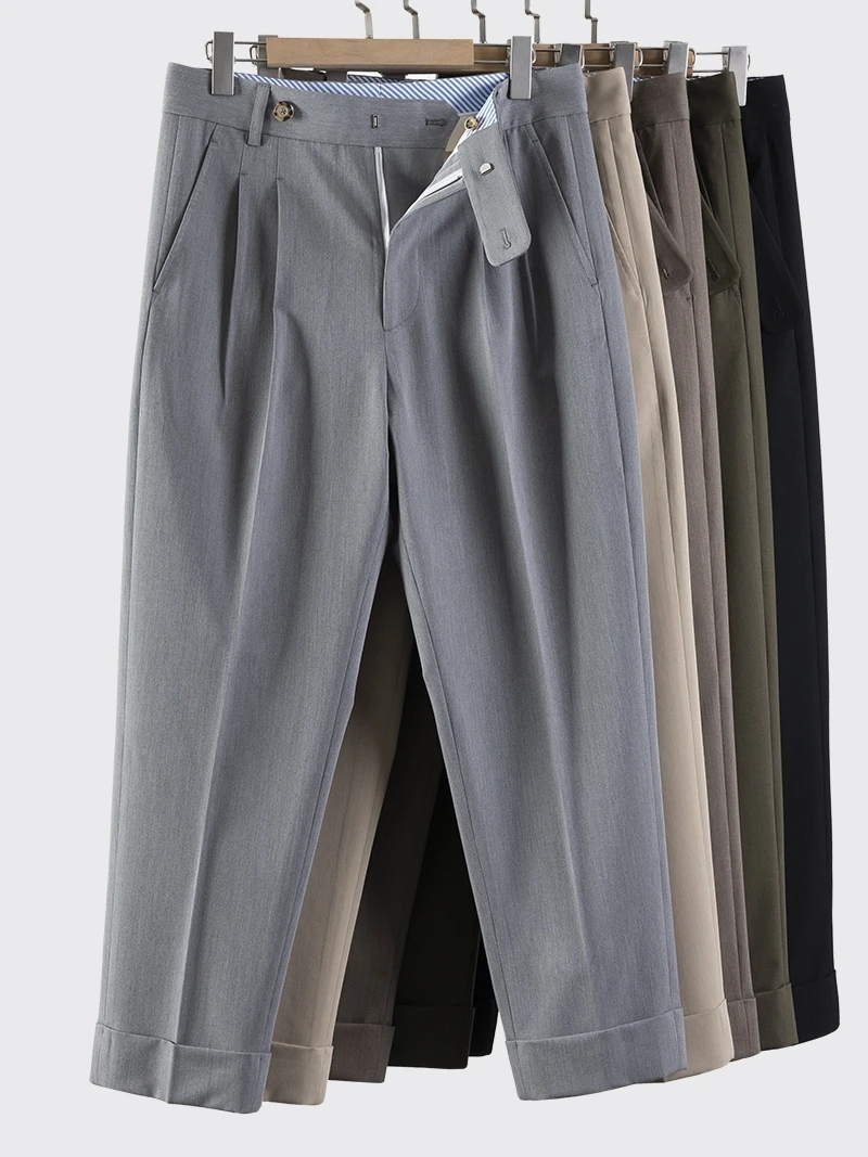 

Casual Loose Men's Summer Wide Leg Nine-Tenths Pants Business Gentleman Style Polyester Cotton Spandex Blend Flat Front Trousers