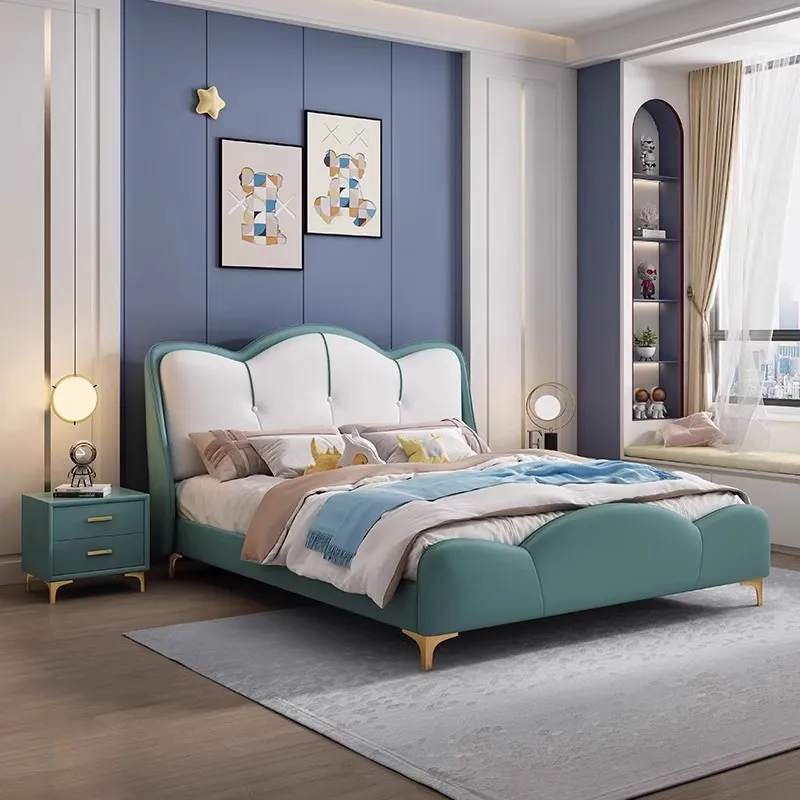 Modern Luxury Wood Convertible Children's Bed 1.8-meter Princess Bed Leather Upholstery Soft Package Backrest Boys Girls Bedroom