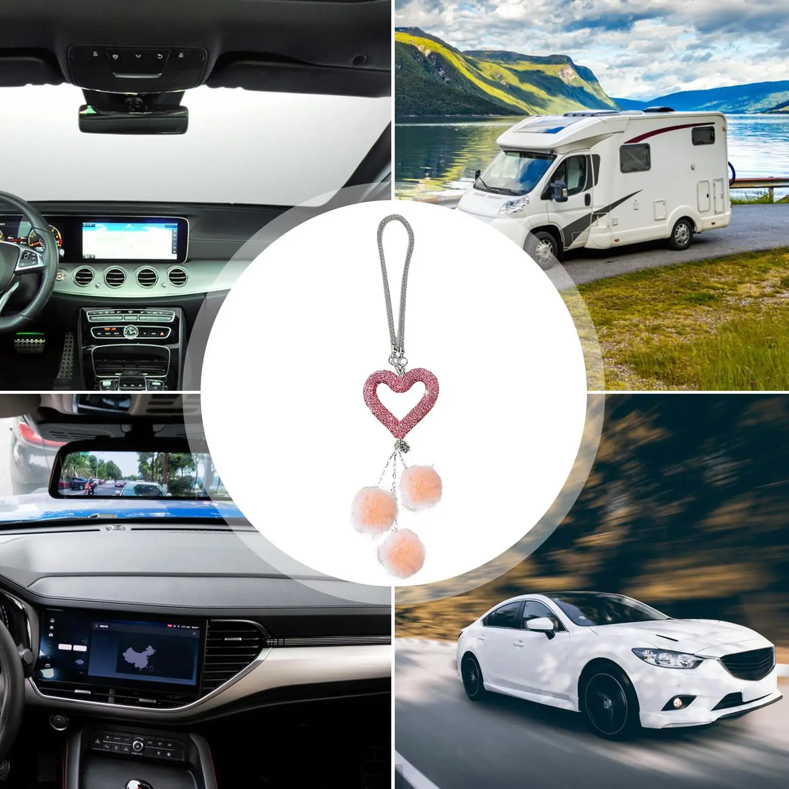 Heart Car Charms For Rear View Mirror Automotive Hanger With Plush Ball Bling Heart Car Charms For Women Girls Vehicle Truck