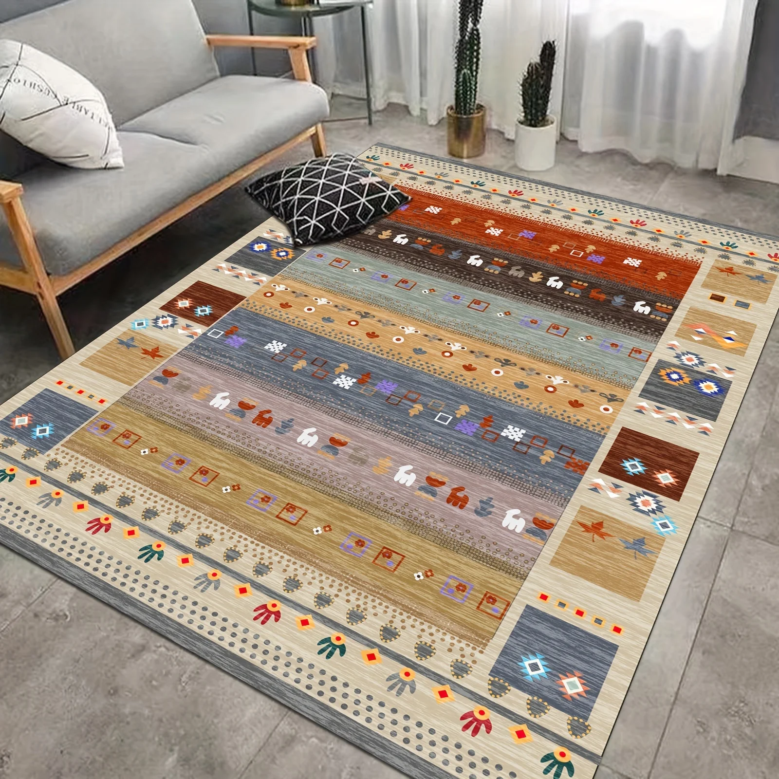 

VIKAMA Ethnic Inspired Multicoloured Striped Living Room Rug Geometric Pattern Study Room Instagram Style Home Decor Floor Mat