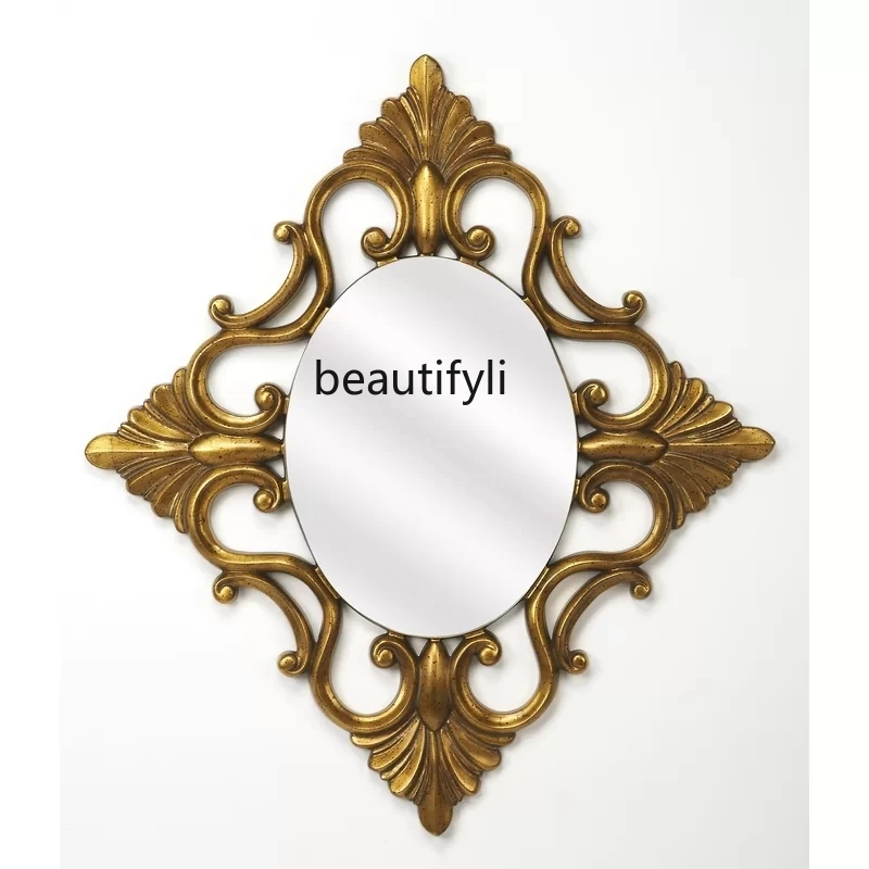 Background wall decorative mirror porch wall dining side mirror classical retro light luxury carved mirror