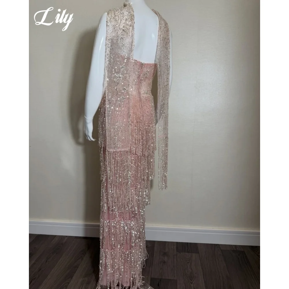 Lily Luxury Pink Prom Dress Sweetheart Beaded Mesh Evening Dress With Cape Tiered Sparkly Fringe Mermaid Party Dress Customized