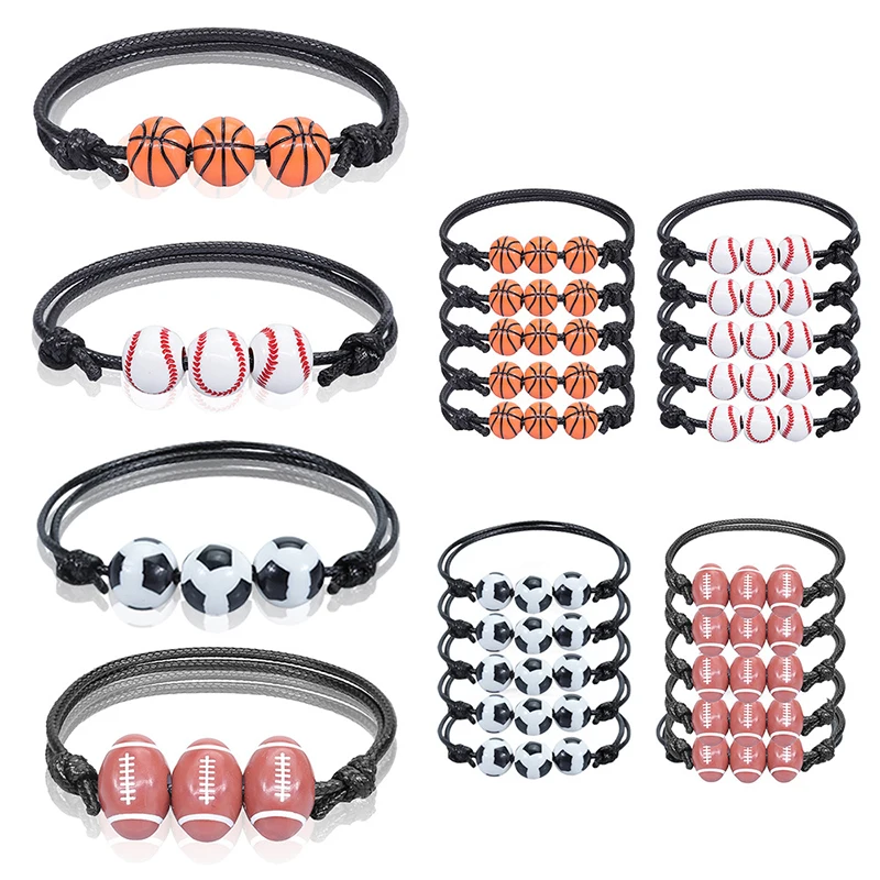 5Pcs Sports Themed Party Woven Wristbands Football Baseball Basketball Beads Charm Giving Birthday Gifts To Sports Enthusiasts