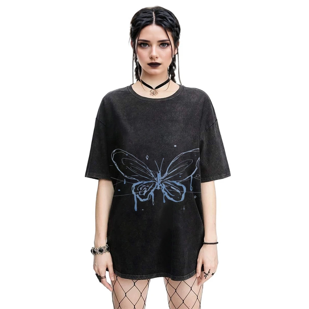 

Graphic Tees Ink Butterfly Tee Premium Cotton, High - Quality Oversize Washed Tee. Blue Dripping Butterfly, Edgy Y2K Style