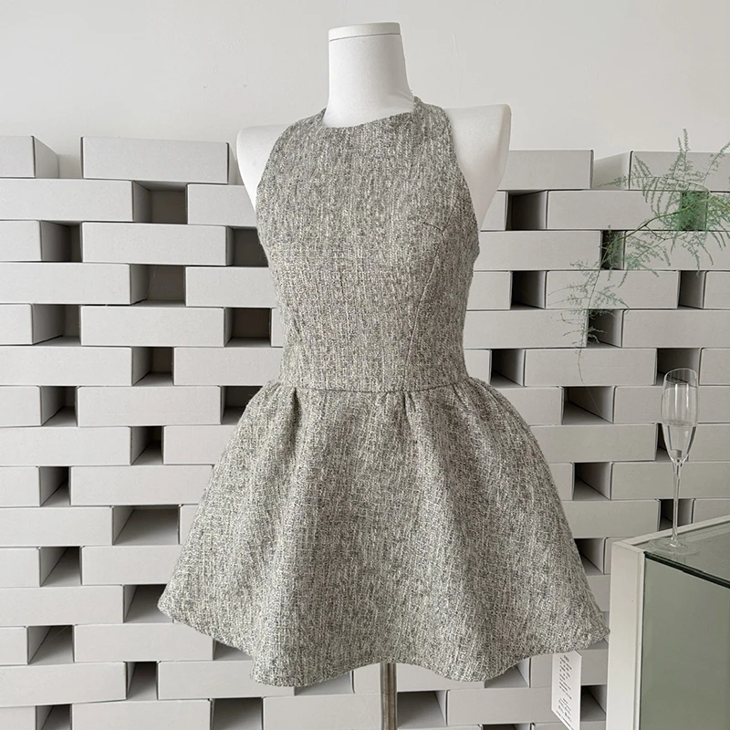 Women's Tweed Dress Sleeveless Sexy Backless Bowtie Evening Party Short Dresses Female 2026 New Grey Side Zipper Mini Dress 2