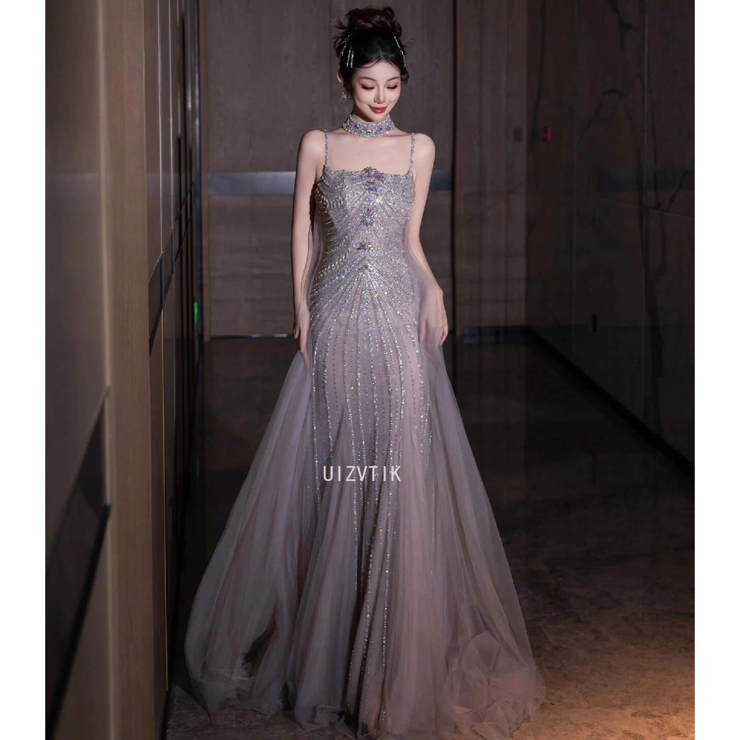 

Spaghetti Strap Long Cloak Mermaid Prom Dress Beaded Lace Up Luxury Evening Party Dresses Gowns for Women Wedding Party Dress