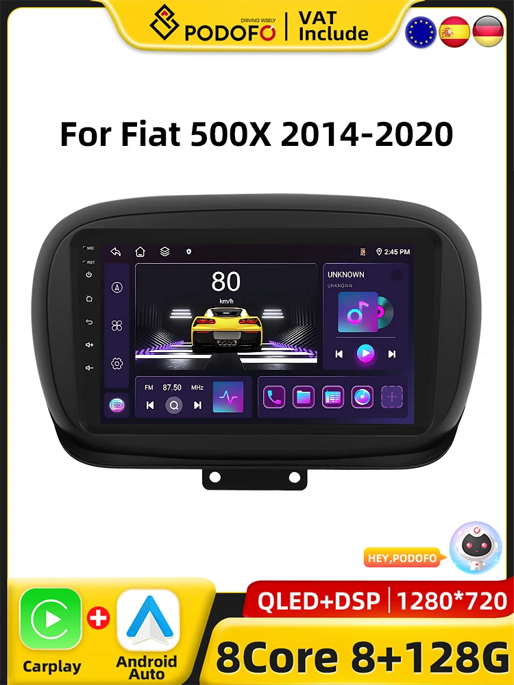 Podofo 4G CarPlay Android Radio Per Fiat 500X 2014-2020 Auto Sistema Intelligente 2din GPS Stereo Lettore Multimediale 9 Radio Per Auto