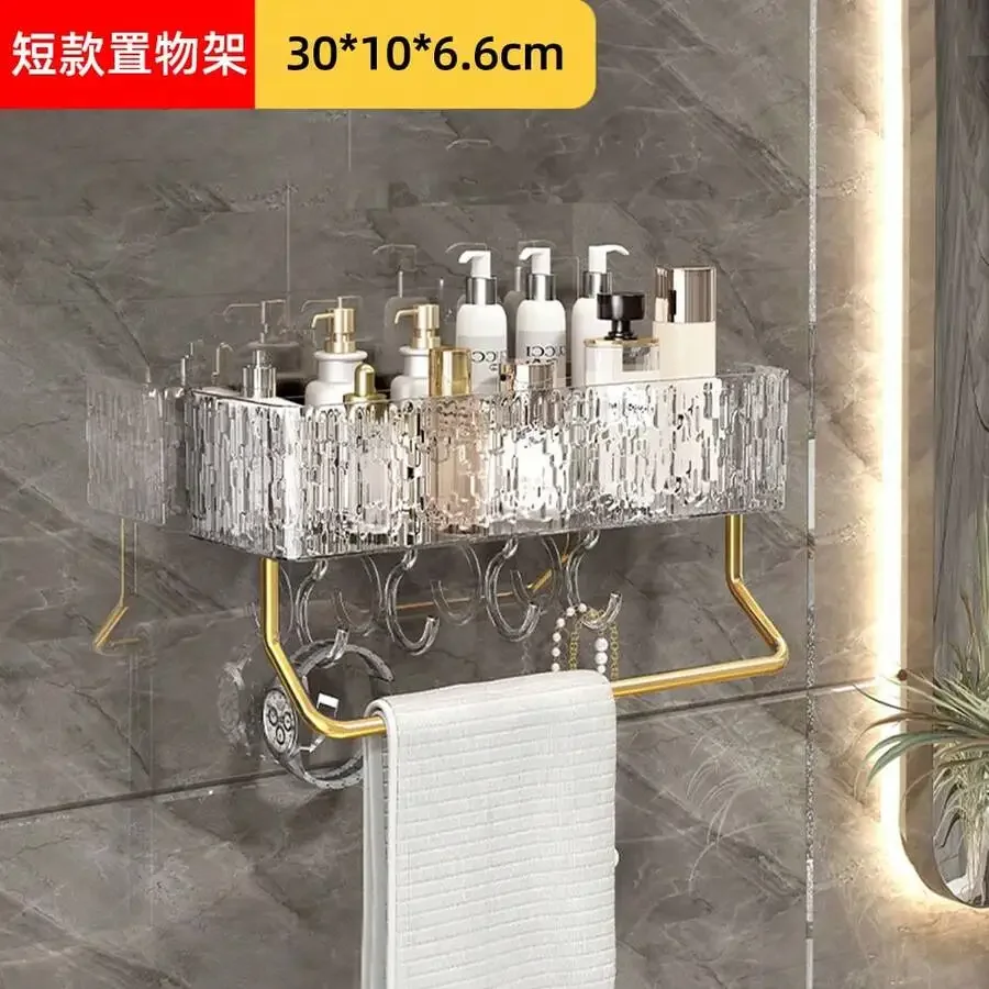 1 Set]Bathroom & Kitchen Storage Rack, Premium Transparent Water Ripple PP Material, Triangular Corner Shelf With Hooks, Detach