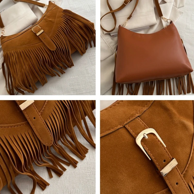 Wildleder-Umhängetaschen mit Fransen und Metallschnalle, verstellbarer Riemen, Halbmond-Umhängetasche im Western-Stil für Damen, für Reisen und den Alltag – Detail 6