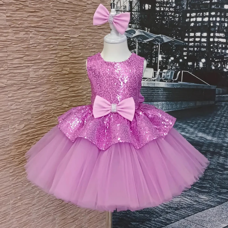 

Новое розовое платье принцессы с пайетками и бантом для девочек 2026 года, нарядное платье для первого дня рождения, детское праздничное платье для конкурсов и торжеств