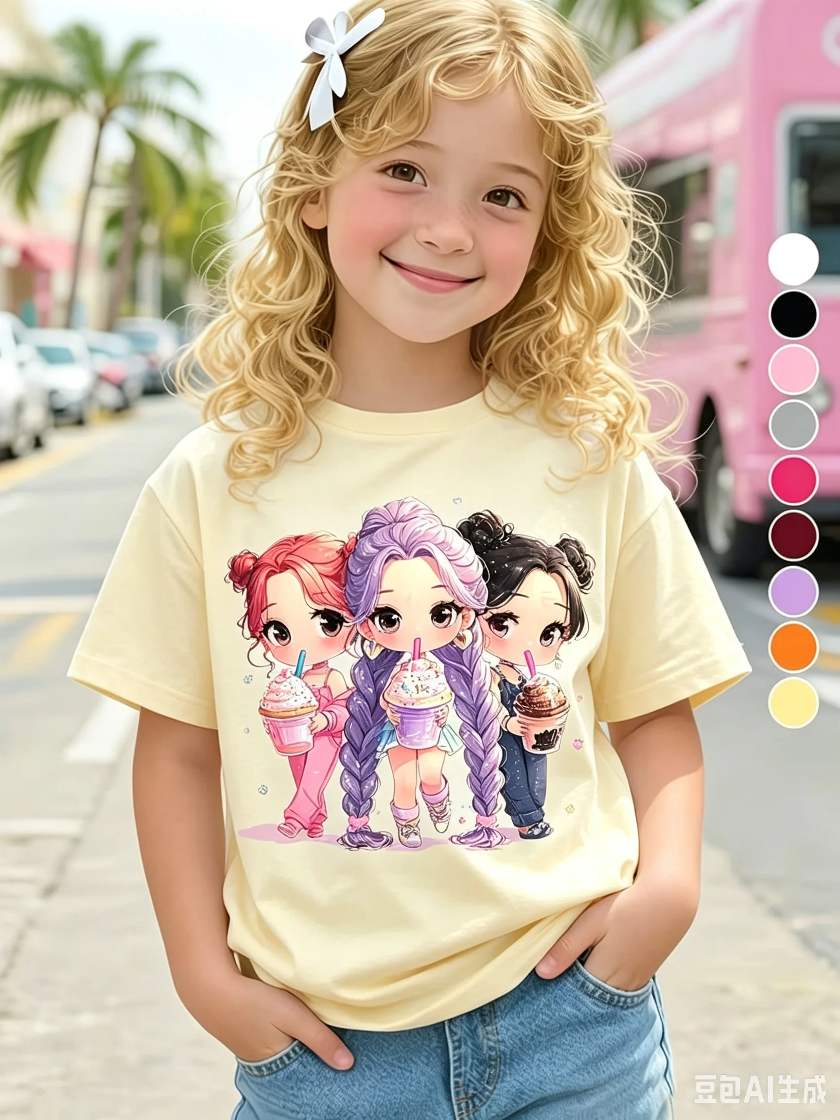 Summer Kpop Popular Cartoon Print Children's Design Casual Harajuku Style Round Neck Short Sleeved Top Fans Gifts Kids Clothes