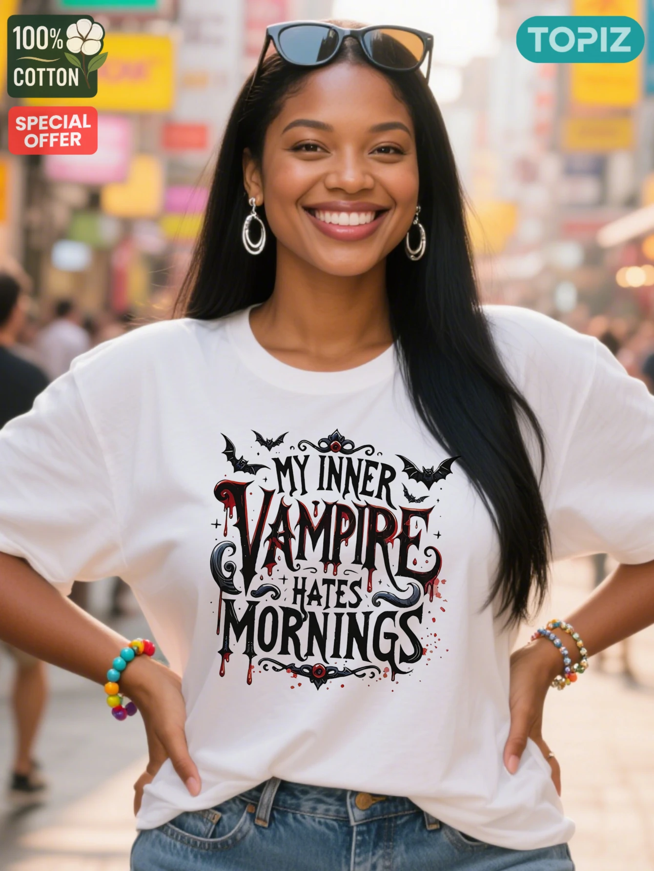 [Plus Size] Dames T-shirt, casual top met ronde hals en korte mouwen, grafisch T-shirt, My Inner Vampire Hates Mornings Design, shirt