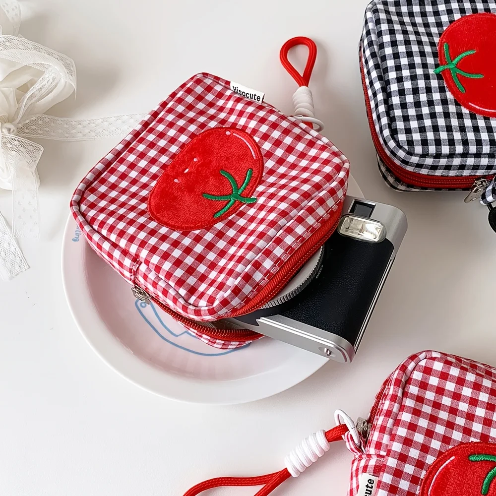 Cartoon Tomato Square Coin Purse, Makeup Bag, Portable Data Cable Storage Bag, Plaid Coin Purse, Tomato Square Makeup Bag, Handheld Zipper Instant Camera Bag, Lipstick Sanitary Napkin Miscellaneous Storage Pouch