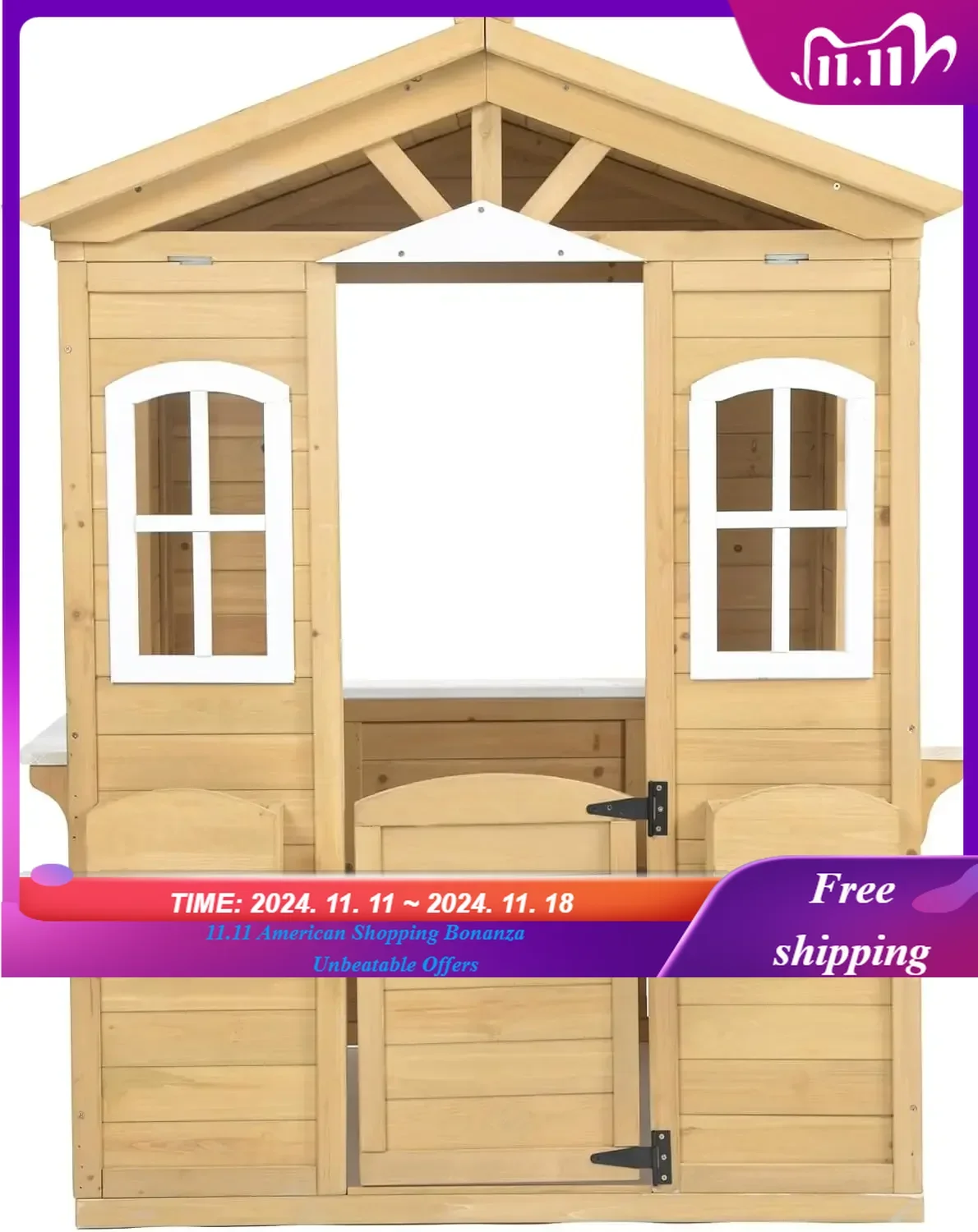 Wooden Playhouse for Kids Outdoor,Kids Playhouse with Working Door, Windows, Mailbox,Flowers Pot Holder & Serving Station,