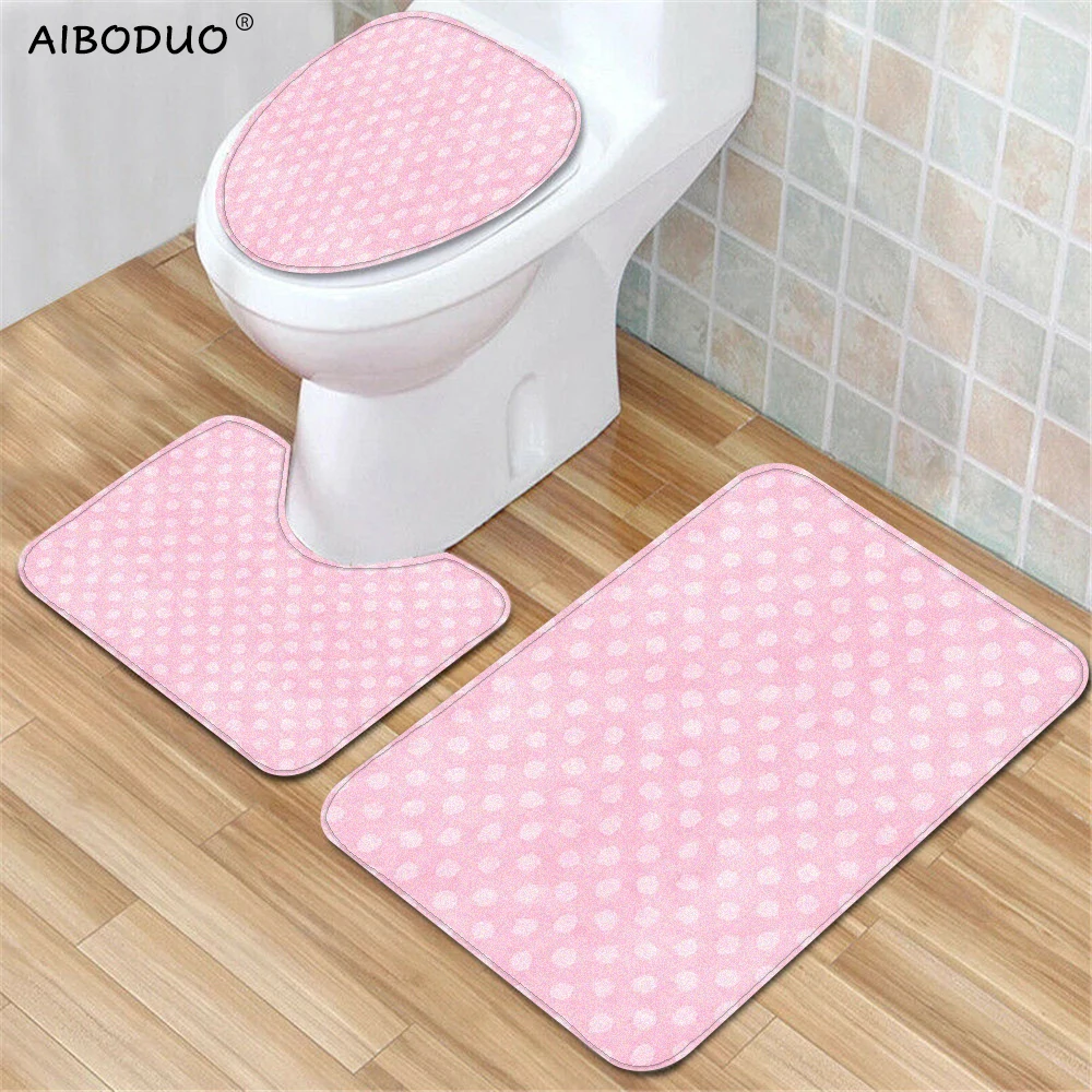 

Aiboduo 3pcs/set Non Slip Toilet Lid Cover Set Pink Polka Dots Carpet Bath Mat Restroom Rug Home Decoration Toilet Seat Cover