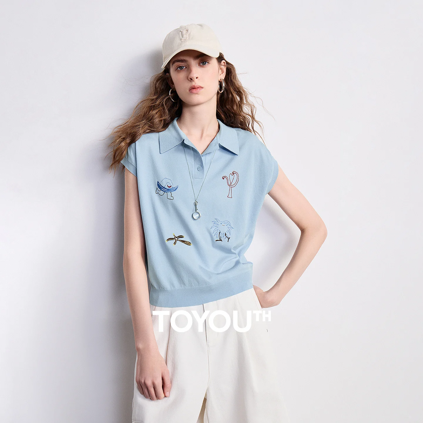 

TOYOUTH Women Short Sleeve Knitwear 2026 Summer New Ice Silk Drop Shoulder Pattern Embroidery Pullover Tops